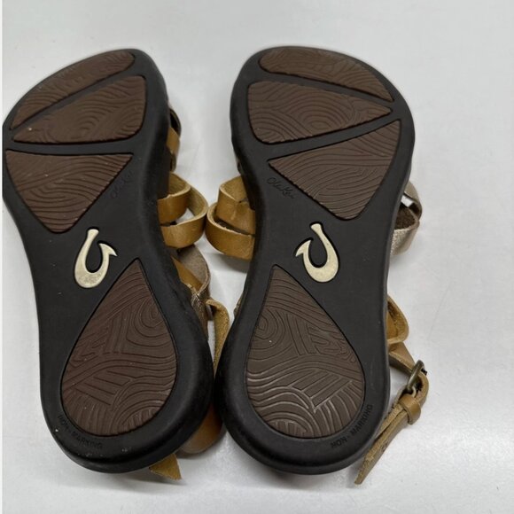 OluKai Awe Awe Sandals Leather Strappy Shoes Open Toe Brown Gold Womens Size 7 - Picture 8 of 12